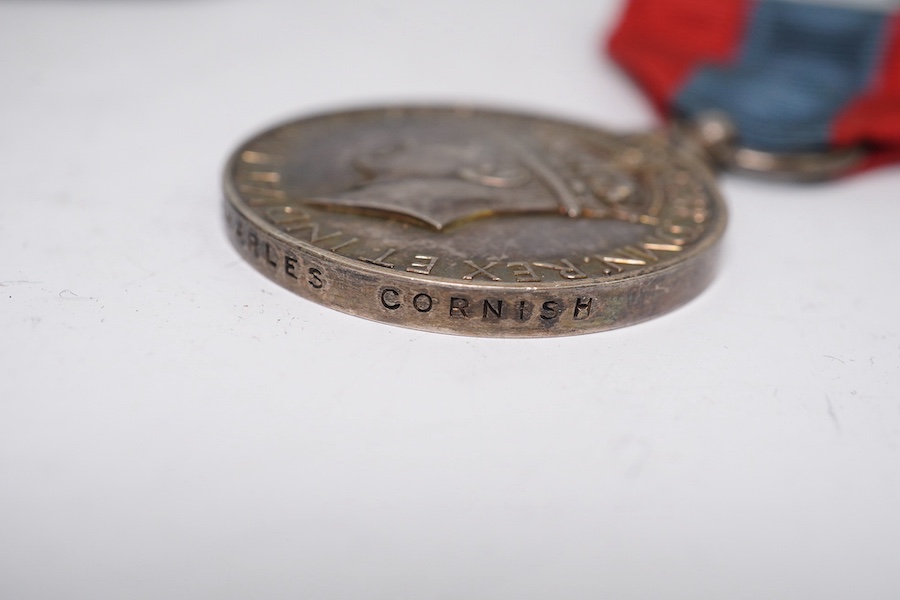 Three assorted service medals; Ed VII Volunteer Officer's Decoration hallmarked for 1905; GV Imperial Service medal to Walter Charles Cornish; GVI Territorial Efficiency medal to 2062789 . S/Sgt. L.W.Sergeant. R.A. Condi